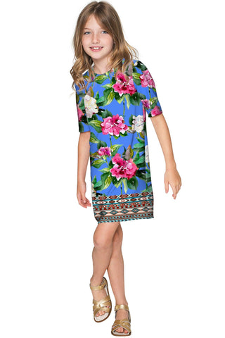 Aquarelle Grace Blue Floral Print Shift Party Dress - Girls - Pineapple Clothing
