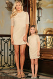 Beige Stretchy Lace Elbow Sleeve Must-Have Shift Mother Daughter Dress