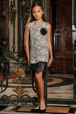 Black White Stretchy Sleeveless Shift Party Dress with lace trim - Girls