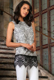 Black White Stretchy Sleeveless Trendy Dressy Top With Lace - Women