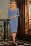 Blue Gray Sleeved Bodycon Fancy Cocktail Party Midi Dress - Women