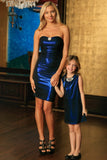 Blue Navy Stretchy Metallic Sleeveless Fancy Mother Daughter Dresses