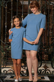 Blue Stretchy Elbow Sleeve Daytime Trendy Shift Mother Daughter Dress Plus Size