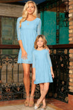 Blue Stretchy Lace Empire Three-Quarter Sleeve Mother Daughter Dress