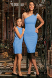 Blue Stretchy Trendy Summer Day Party Mommy and Me Matching Dresses