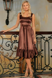Chocolate Brown Charmeuse Fit & Flare Prom Party Midi Dress - Women