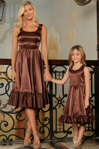 Chocolate Brown Charmeuse Fit & Flare Ruffle Midi Mommy and Me Dress