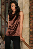 Chocolate Brown Charmeuse Sleeveless Dressy Party Cocktail Top - Women
