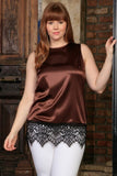 Chocolate Brown Sleeveless Dressy Evening Summer Top With Lace - Women