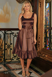 Chocolate Brown Fit Flare Ruffle Evening Midi Dress With Belt - Women
