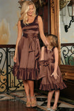 Chocolate Brown Fit Flare Ruffle Midi Mommy and Me Dress With Belt