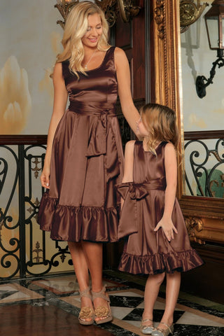Chocolate Brown Fit Flare Ruffle Midi Mommy and Me Dress With Belt