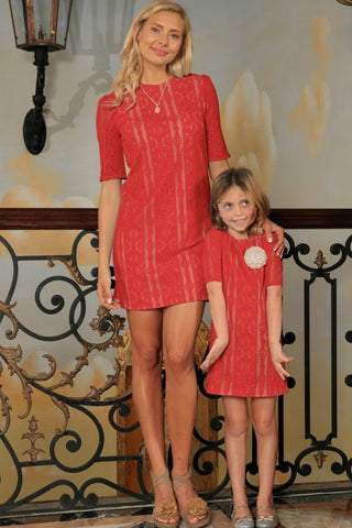 Coral Red Crochet Lace Elbow Sleeve Party Shift Mother Daughter Dress