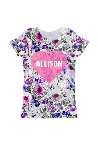 Floral Touch Customized NAME Zoe Heart Grey T-Shirt - Girls - Pineapple Clothing