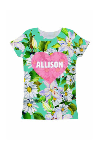 Flower Party Customized NAME Zoe Heart Green Tee - Girls - Pineapple Clothing