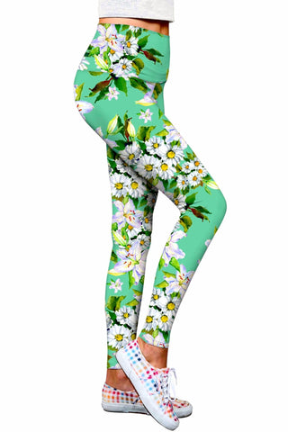 Flower Party Lucy Green Performance Eco Leggings - Women - Pineapple Clothing