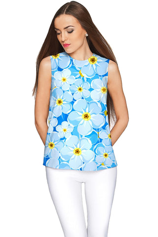 Forget-Me-Not Emily Blue Floral Sleeveless Knit Top - Women - Pineapple Clothing