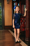 Navy Blue Floral Lace Elbow Sleeve Party Shift Mother Daughter Dress