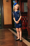 Navy Blue Floral Lace Elbow Sleeve Party Shift Mother Daughter Dress