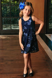 Navy Blue Floral Empire Waist Sleeveless Party Dress - Girls - Pineapple Clothing