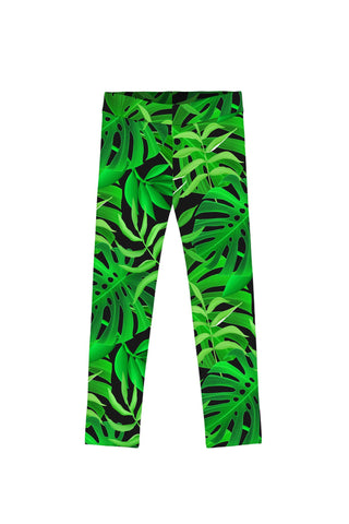 Jungle Night Lucy Green Tropical Print Cute Colorful Leggings - Girls