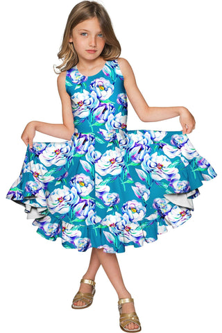 Gentle You Vizcaya Fit & Flare Blue Flower Print Dress - Girls - Pineapple Clothing
