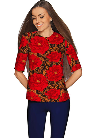Hot Tango Sophia Red Floral Evening Sleeved Top - Women - Pineapple Clothing
