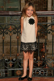 Ivory Beige Stretchy Fancy Summer Shift Dress With Lace Trim - Girls