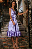 Lavender Charmeuse Fit & Flare Prom Party Ruffle Midi Dress - Women