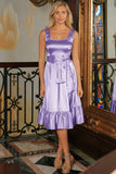 Lavender Fit & Flare Cute Cocktail Ruffle Midi Dress With Belt - Women