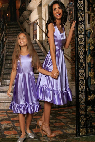 Lavender Fit & Flare Ruffle-Hem Cocktail Party Midi Mommy and Me Dress