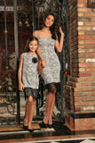 Black White Stretchy Fancy Cocktail Mommy and Me Dress With Lace Trim - Pineapple Clothing