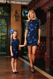 Navy Blue Floral Lace Elbow Sleeve Party Shift Mother Daughter Dresses - Pineapple Clothing