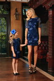 Navy Blue Floral Lace Elbow Sleeve Party Shift Mother Daughter Dresses - Pineapple Clothing