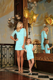 Mint Blue Stretchy Lace Elbow Sleeve Party Shift Mother Daughter Dress - Pineapple Clothing