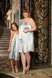 Silver Grey Charmeuse Day Cute Fancy Halter Swing Mommy and Me Dress - Pineapple Clothing