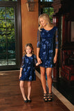 Navy Blue Floral Lace Empire Waist 3/4 Sleeve Mother Daughter Dresses - Pineapple Clothing