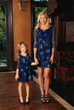 Navy Blue Floral Lace Empire Waist 3/4 Sleeve Mother Daughter Dresses - Pineapple Clothing