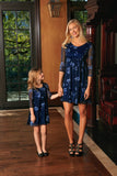 Navy Blue Floral Lace Empire Waist 3/4 Sleeve Mother Daughter Dresses - Pineapple Clothing