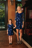 Navy Blue Floral Lace Empire Waist 3/4 Sleeve Mother Daughter Dresses - Pineapple Clothing