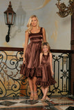 Chocolate Brown Charmeuse Fit & Flare Ruffle Midi Mommy and Me Dress - Pineapple Clothing