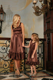 Chocolate Brown Charmeuse Fit & Flare Ruffle Midi Mommy and Me Dress - Pineapple Clothing