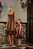 Chocolate Brown Charmeuse Fit & Flare Ruffle Midi Mommy and Me Dress - Pineapple Clothing