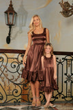 Chocolate Brown Charmeuse Fit & Flare Ruffle Midi Mommy and Me Dress - Pineapple Clothing