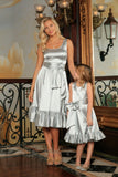 Silver Grey Charmeuse Fit & Flare Ruffle-Hem Midi Mommy and Me Dresses - Pineapple Clothing