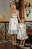 Silver Grey Charmeuse Fit & Flare Ruffle-Hem Midi Mommy and Me Dresses - Pineapple Clothing