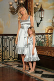Silver Grey Charmeuse Fit & Flare Ruffle-Hem Midi Mommy and Me Dresses - Pineapple Clothing