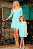 Mint Blue Lace Empire Waist Three-Quarter Sleeve Mother Daughter Dress
