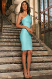 Mint Blue Lace One-Shoulder Bodycon Cocktail Party Midi Dress - Women