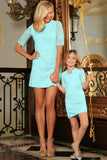 Mint Blue Stretchy Lace Elbow Sleeve Party Shift Mother Daughter Dress